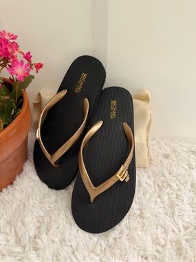 Michael Kors Black with Gold Strap Flip Flop Sandals